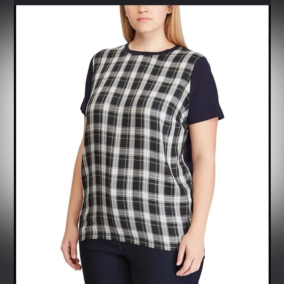 Lauren Ralph Lauren Tops - Ralph Lauren plaid top, with solid navy back. Pull on, short sleeve, Sz 3X